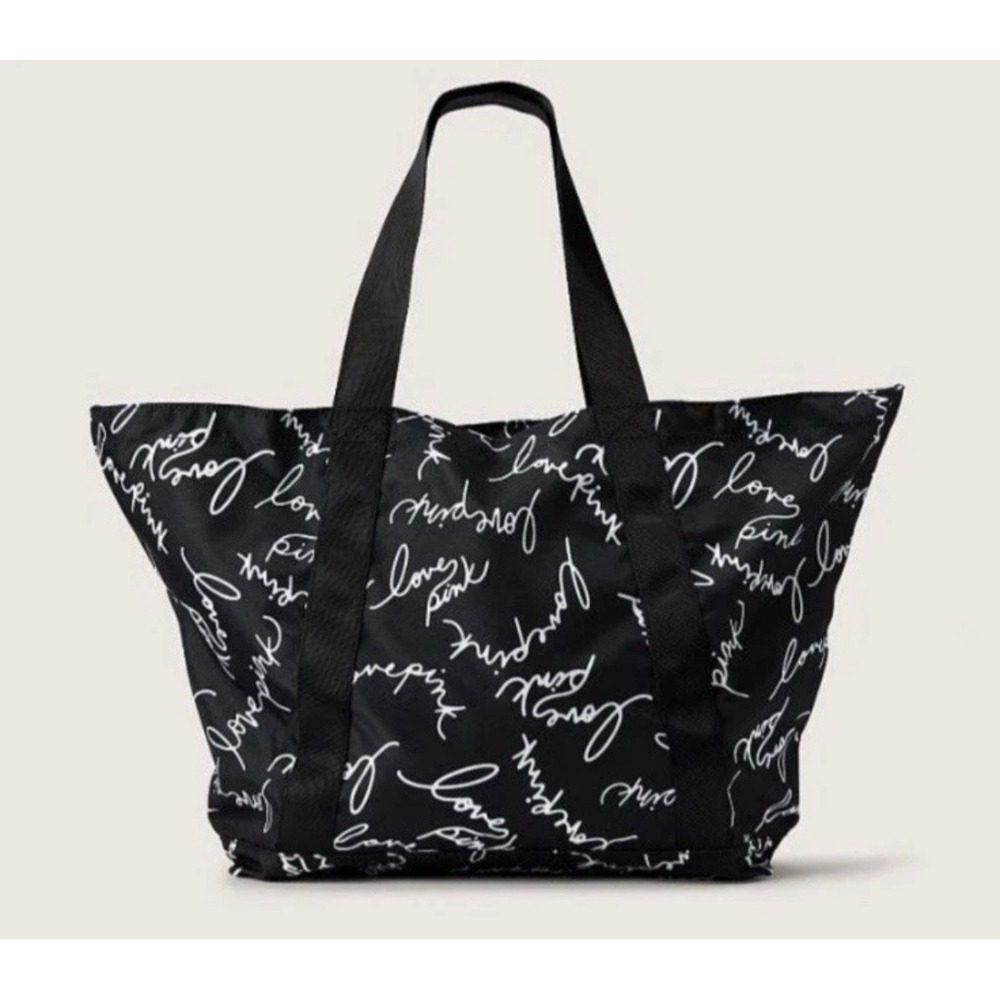 Victorias Secret PINK  Tote Bag Black White Logo Zip Shoulder Strap Love Pink